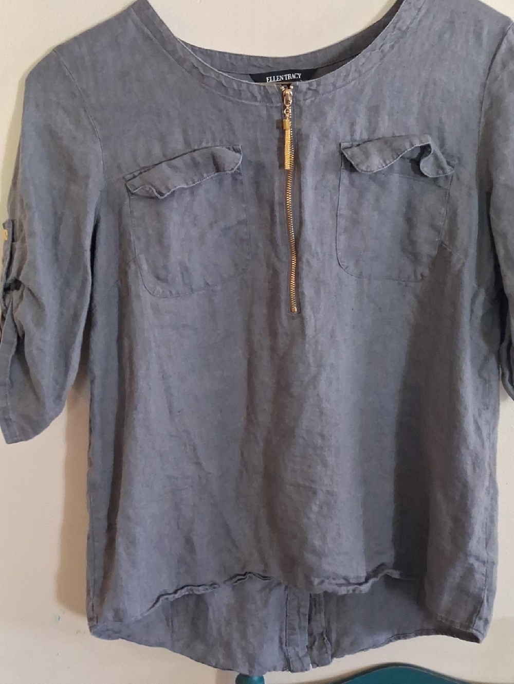 Ellen Tracy Slate Blue Linen Zip-Pocket Pullover